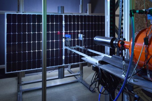 Hail cannon test firing at GroundWork’s ISO 17025-accredited lab for solar module resilience testing